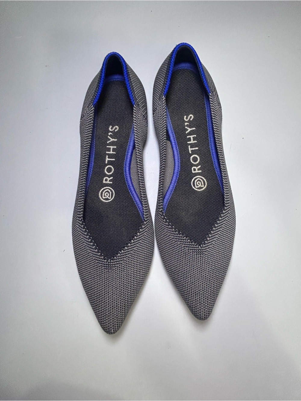 Rothy’s The Point Gray Herringbone Blue Trim Pointed Flats Women’s 6.5